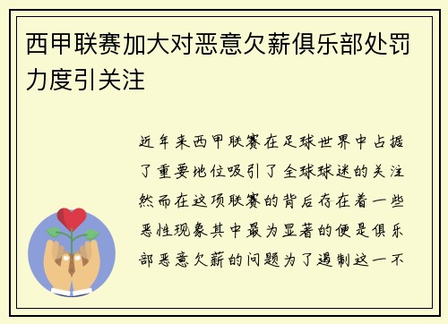 西甲联赛加大对恶意欠薪俱乐部处罚力度引关注