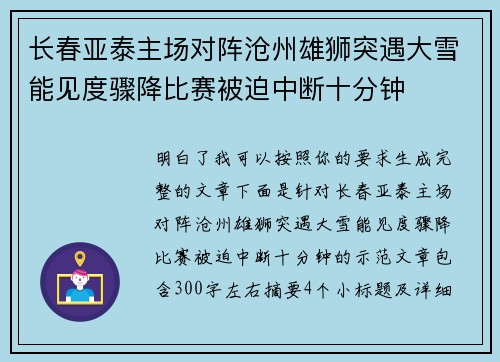 长春亚泰主场对阵沧州雄狮突遇大雪能见度骤降比赛被迫中断十分钟